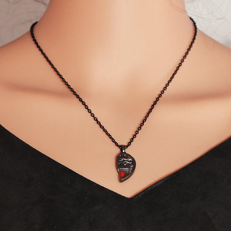 Heart-shaped Magnetic Stitching Love Skull Couple Necklace - dfive's store