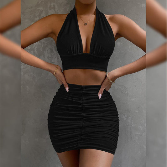 2-Piece Dress Lace-up Top Pleated Hip-covering Skirt - Dfive's Store