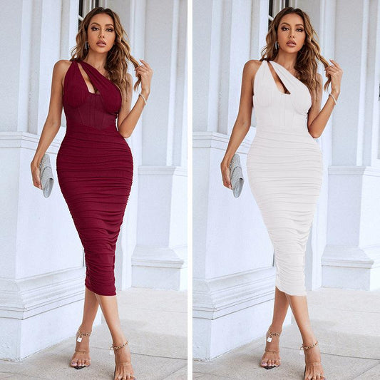 Mesh Slant One Shoulder Hollow Dress - dfive's store