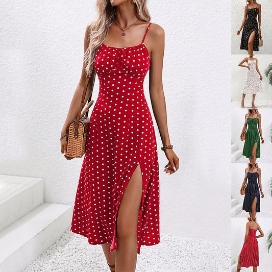 Polka Dot Print Suspender Summer Slit Long Dress - Dfive's Store