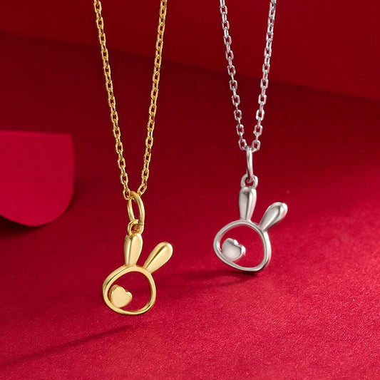 Sterling Silver Hollow Sandblasted Rabbit Heart Shaped Necklace - dfive's store