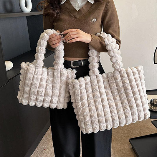 Fashionable Winter Plush Plaid Large Capacity Bag - dfive's store